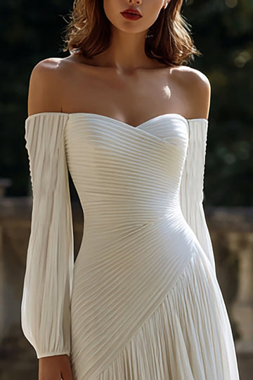 Off The Shoulder Ivory Ruched A Line Wedding Dress